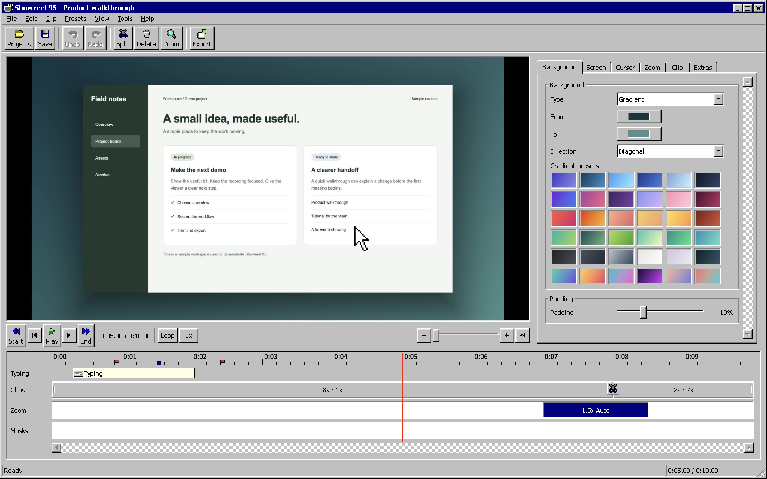 The real Showreel 95 editor, with its Windows 95 toolbar, sample project preview, and timeline.